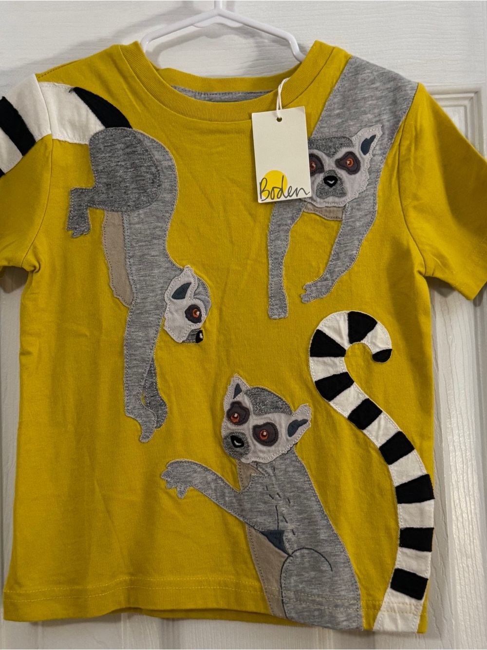 NWT Mini Boden Baby Boy Yellow Tee with Playful Lemur Appliqués Short Sleeve